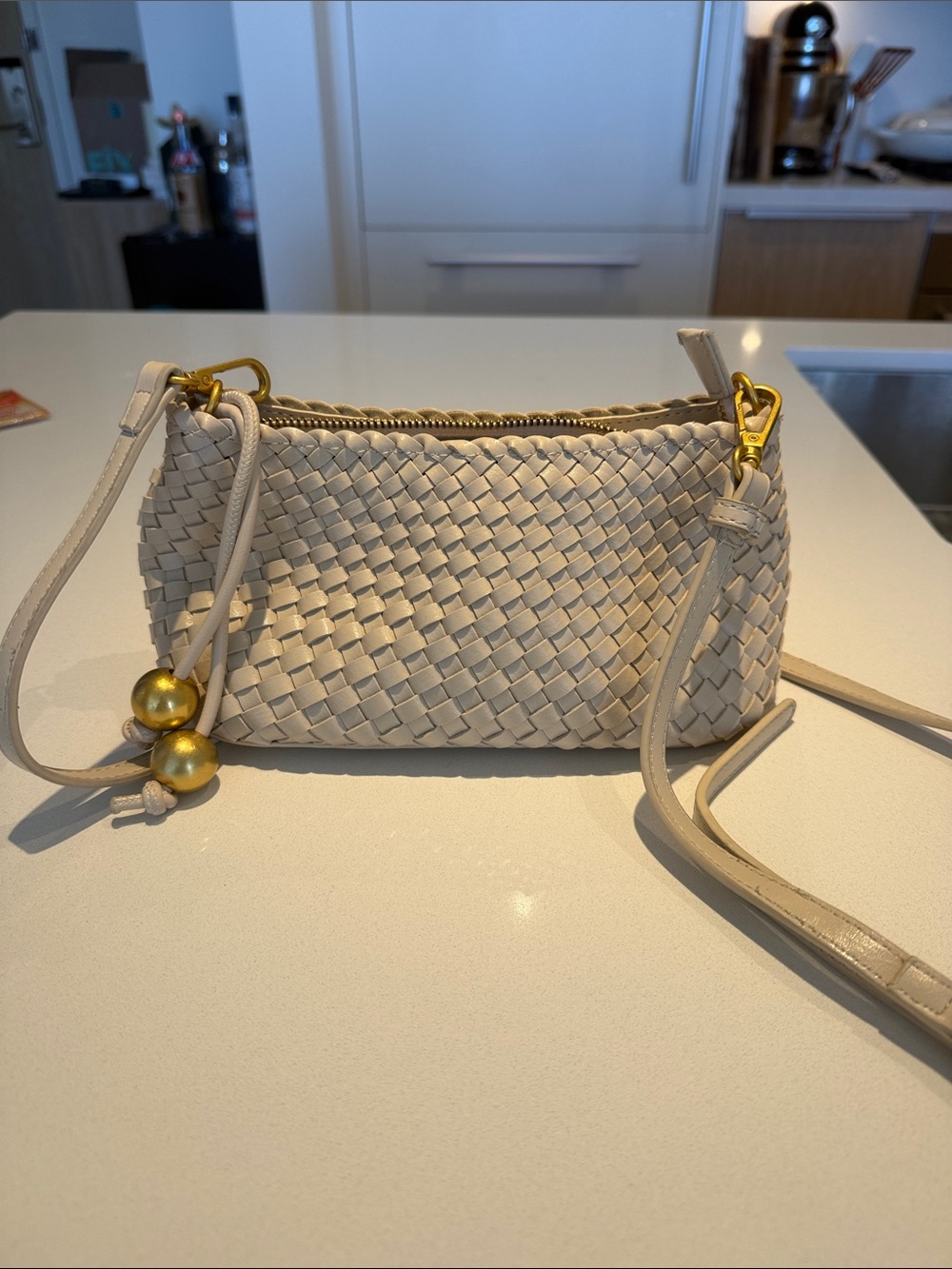 Anthropologie Woven Crossbody Bag in Cream with Gold Accents